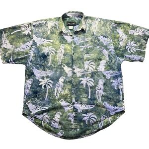 VTG Java Lava Parrot Palm Tree Hawaiian Shirt Tropical Button Up Green‎ Sz XL